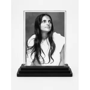 Anandamayi Ma Acrylic Car Dashboard Showpiece | Double-Sided Anandamayi Ma Photo Stand | 3 X 4 Inch Photo | Transparent Acrylic Frame With Black Base | Car Dashboard, Office & Table Decor (F70802)