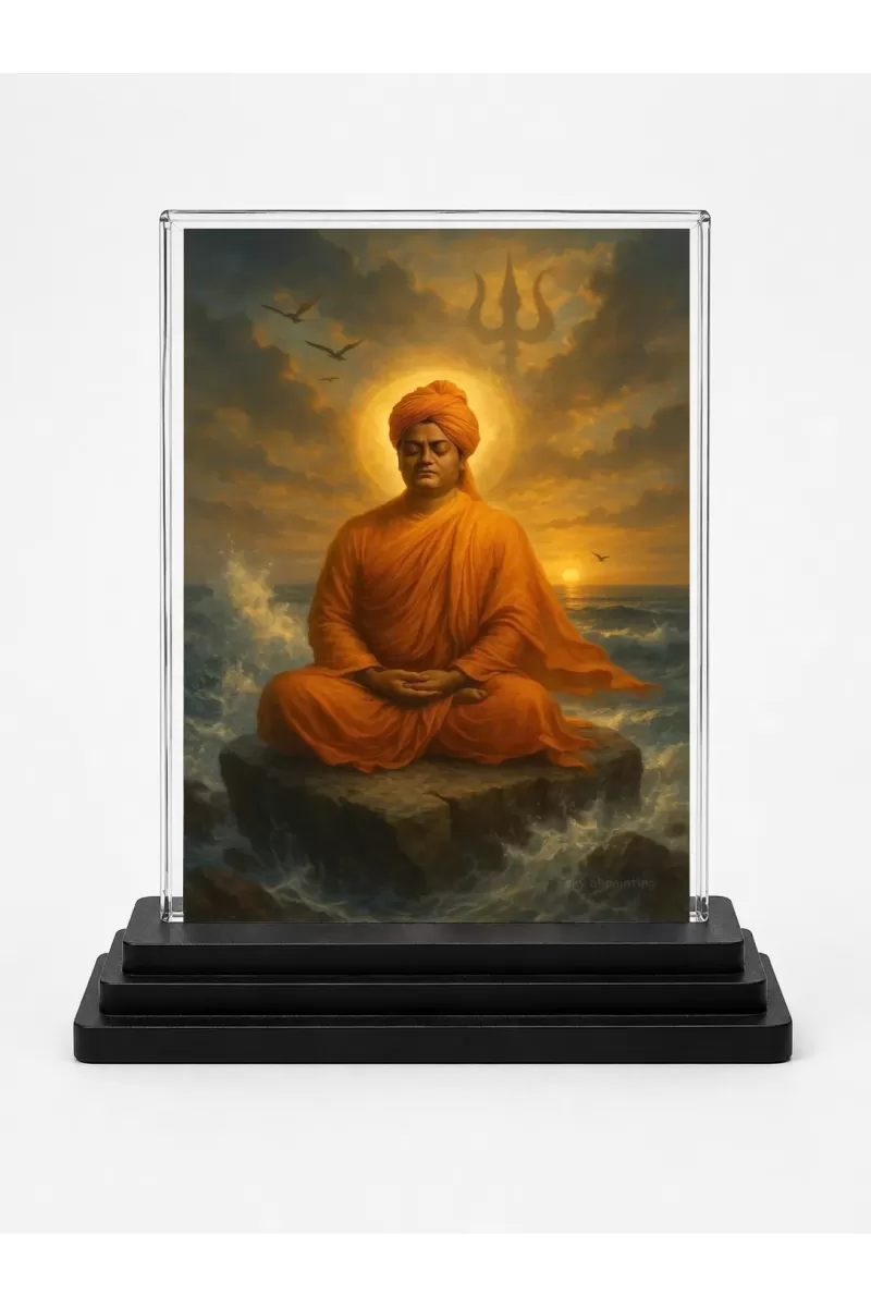 Vivekananda Acrylic Car Dashboard Showpiece | Double-Sided Vivekananda Photo Stand | 3 X 4 Inch Photo | Transparent Acrylic Frame With Black Base | Car Dashboard, Office & Table Decor (F70803)