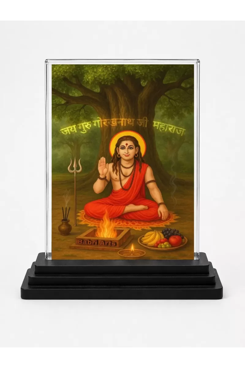 Guru Gorakhnath Acrylic Car Dashboard Showpiece | Double-Sided Guru Gorakhnath Photo Stand | 3 X 4 Inch Photo | Transparent Acrylic Frame With Black Base | Car Dashboard, Office & Table Decor (F70805)