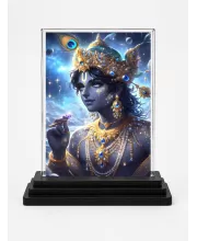 Radha Krishna Acrylic Car Dashboard Showpiece | Double-Sided Radha Krishna Photo Stand | 3 X 4 Inch Photo | Transparent Acrylic Frame With Black Base | Car Dashboard, Office & Table Decor (F70807)