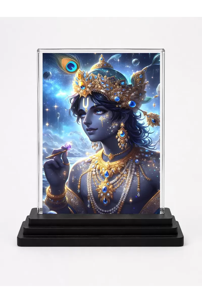 Radha Krishna Acrylic Car Dashboard Showpiece | Double-Sided Radha Krishna Photo Stand | 3 X 4 Inch Photo | Transparent Acrylic Frame With Black Base | Car Dashboard, Office & Table Decor (F70807)