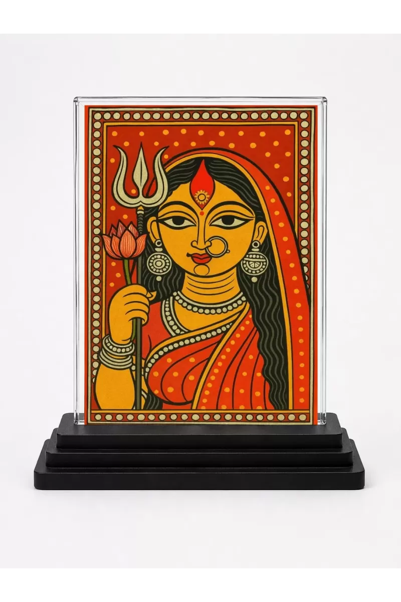 Durga Maa Acrylic Car Dashboard Showpiece | Double-Sided Durga Maa Photo Stand | 3 X 4 Inch Photo | Transparent Acrylic Frame With Black Base | Car Dashboard, Office & Table Decor (F70809)