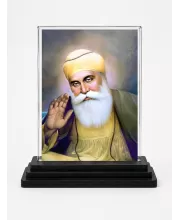 Guru Nanak Dev Ji Acrylic Car Dashboard Showpiece | Double-Sided Guru Nanak Dev Ji Photo Stand | 3 X 4 Inch Photo | Transparent Acrylic Frame With Black Base | Car Dashboard, Office & Table Decor (F70811)