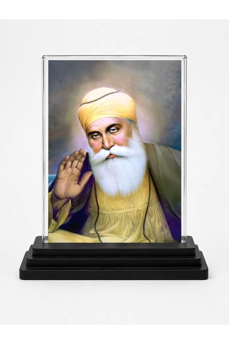 Guru Nanak Dev Ji Acrylic Car Dashboard Showpiece | Double-Sided Guru Nanak Dev Ji Photo Stand | 3 X 4 Inch Photo | Transparent Acrylic Frame With Black Base | Car Dashboard, Office & Table Decor (F70811)