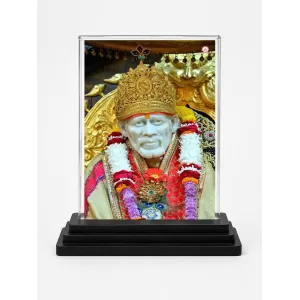 Sai Baba Acrylic Car Dashboard Showpiece | Double-Sided Sai Baba Photo Stand | 3 X 4 Inch Photo | Transparent Acrylic Frame With Black Base | Car Dashboard, Office & Table Decor (F70812)