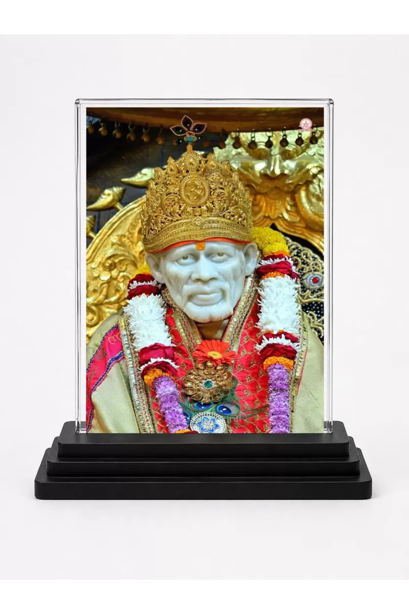Sai Baba Acrylic Car Dashboard Showpiece | Double-Sided Sai Baba Photo Stand | 3 X 4 Inch Photo | Transparent Acrylic Frame With Black Base | Car Dashboard, Office & Table Decor (F70812)