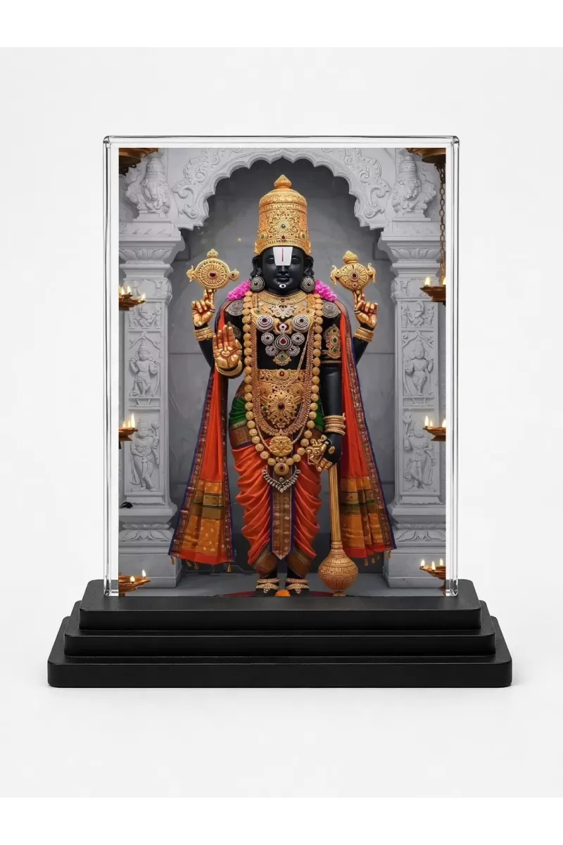Tirupati Balaji Acrylic Car Dashboard Showpiece | Double-Sided Tirupati Balaji Photo Stand | 3 X 4 Inch Photo | Transparent Acrylic Frame With Black Base | Car Dashboard, Office & Table Decor (F70813)