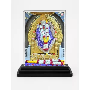 Sai Baba Of Shirdi Acrylic Car Dashboard Showpiece | Double-Sided Sai Baba Of Shirdi Photo Stand | 3 X 4 Inch Photo | Transparent Acrylic Frame With Black Base | Car Dashboard, Office & Table Decor (F70814)
