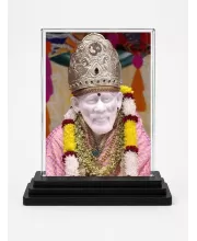 Sai Baba Acrylic Car Dashboard Showpiece | Double-Sided Sai Baba Photo Stand | 3 X 4 Inch Photo | Transparent Acrylic Frame With Black Base | Car Dashboard, Office & Table Decor (F70815)