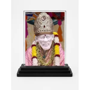 Sai Baba Acrylic Car Dashboard Showpiece | Double-Sided Sai Baba Photo Stand | 3 X 4 Inch Photo | Transparent Acrylic Frame With Black Base | Car Dashboard, Office & Table Decor (F70815)