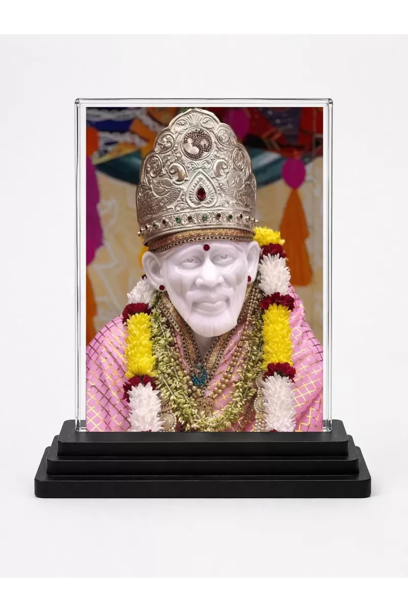 Sai Baba Acrylic Car Dashboard Showpiece | Double-Sided Sai Baba Photo Stand | 3 X 4 Inch Photo | Transparent Acrylic Frame With Black Base | Car Dashboard, Office & Table Decor (F70815)