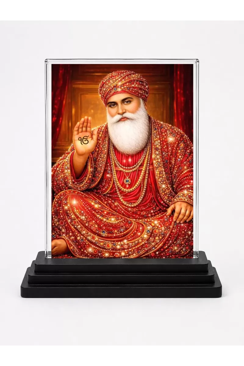 Guru Har Krishan Ji Acrylic Car Dashboard Showpiece | Double-Sided Guru Har Krishan Ji Photo Stand | 3 X 4 Inch Photo | Transparent Acrylic Frame With Black Base | Car Dashboard, Office & Table Decor (F70816)