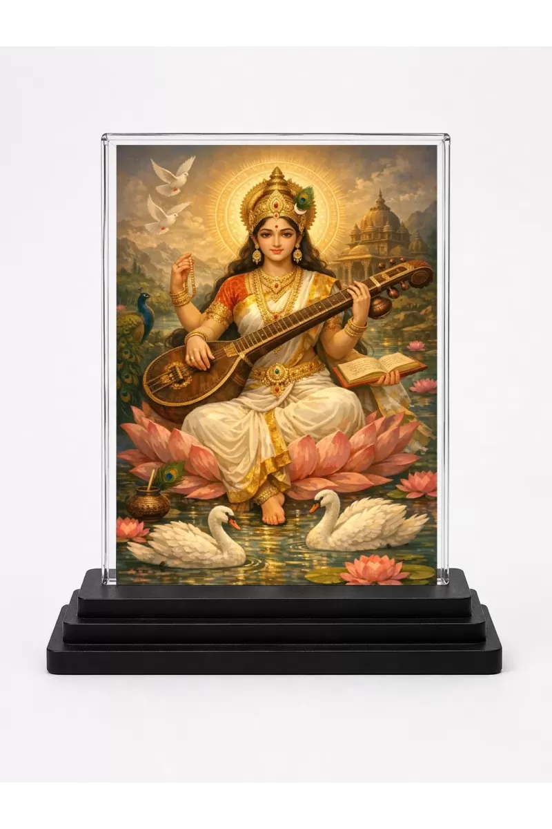 Hindu Deity Acrylic Car Dashboard Showpiece | Double-Sided Hindu Deity Photo Stand | 3 X 4 Inch Photo | Transparent Acrylic Frame With Black Base | Car Dashboard, Office & Table Decor (F70817)