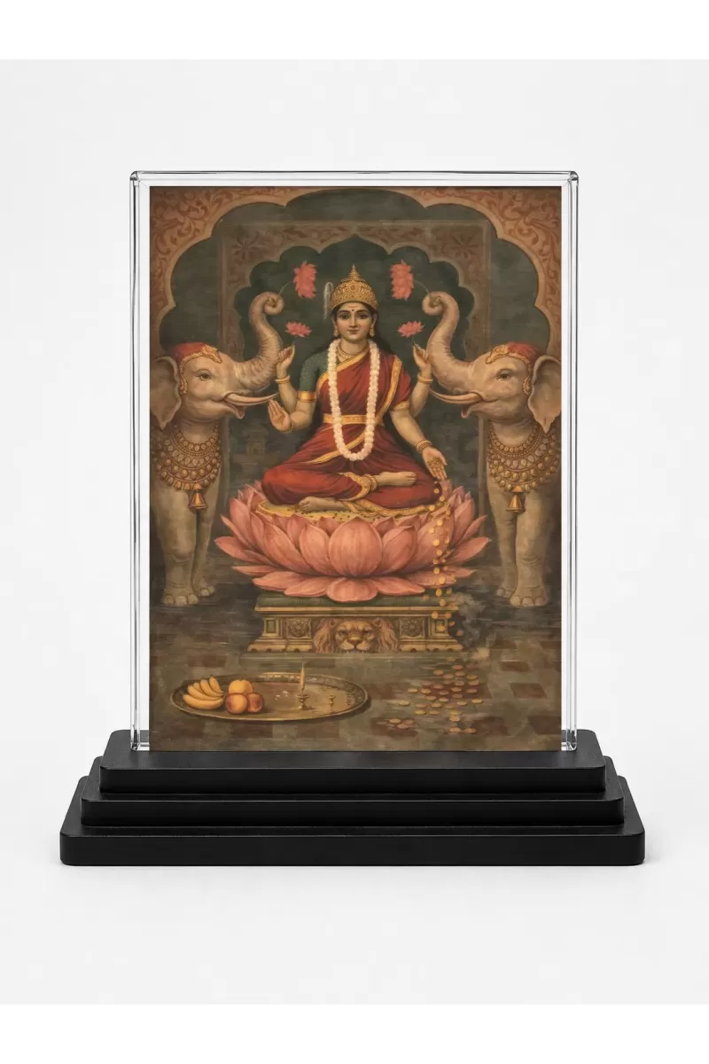 Lakshmi Acrylic Car Dashboard Showpiece | Double-Sided Lakshmi Photo Stand | 3 X 4 Inch Photo | Transparent Acrylic Frame With Black Base | Car Dashboard, Office & Table Decor (F70819)