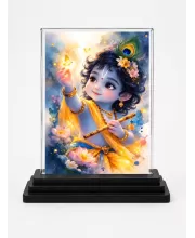 Krishna Acrylic Car Dashboard Showpiece | Double-Sided Krishna Photo Stand | 3 X 4 Inch Photo | Transparent Acrylic Frame With Black Base | Car Dashboard, Office & Table Decor (F70823)