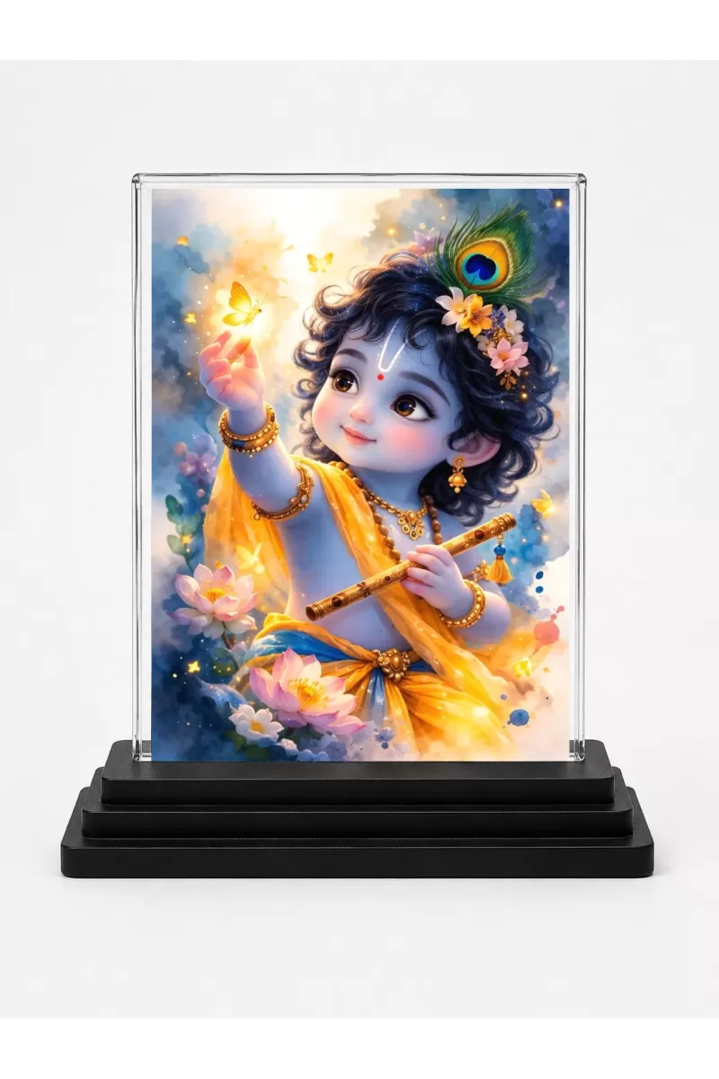 Krishna Acrylic Car Dashboard Showpiece | Double-Sided Krishna Photo Stand | 3 X 4 Inch Photo | Transparent Acrylic Frame With Black Base | Car Dashboard, Office & Table Decor (F70823)