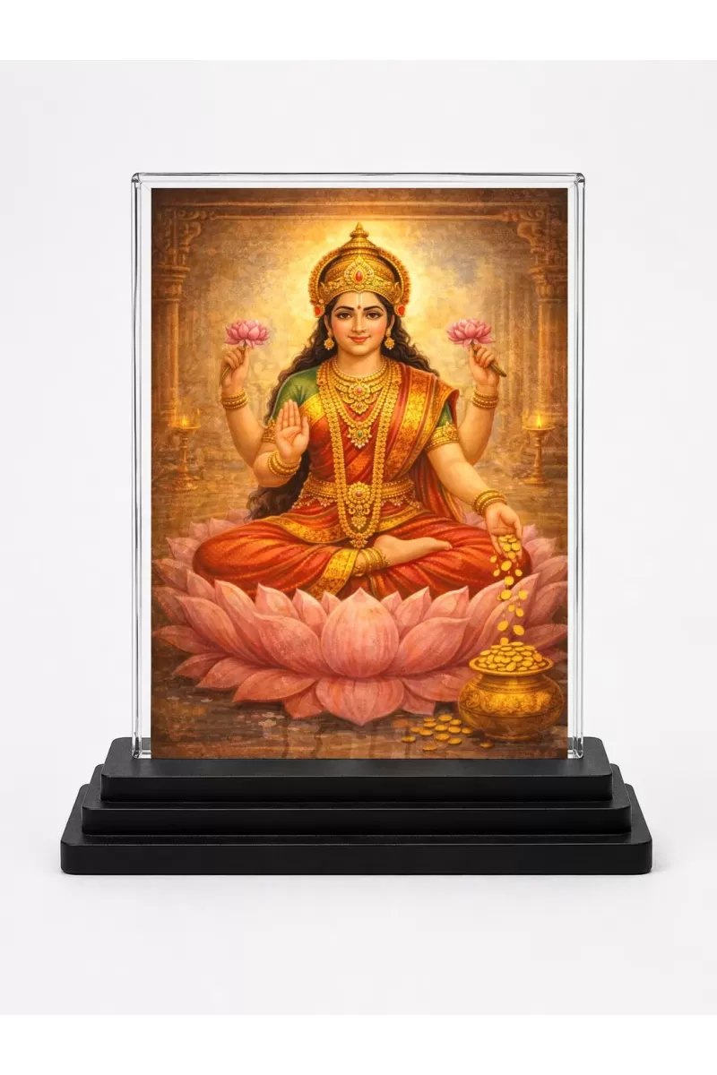 Hindu Goddess Acrylic Car Dashboard Showpiece | Double-Sided Hindu Goddess Photo Stand | 3 X 4 Inch Photo | Transparent Acrylic Frame With Black Base | Car Dashboard, Office & Table Decor (F70824)