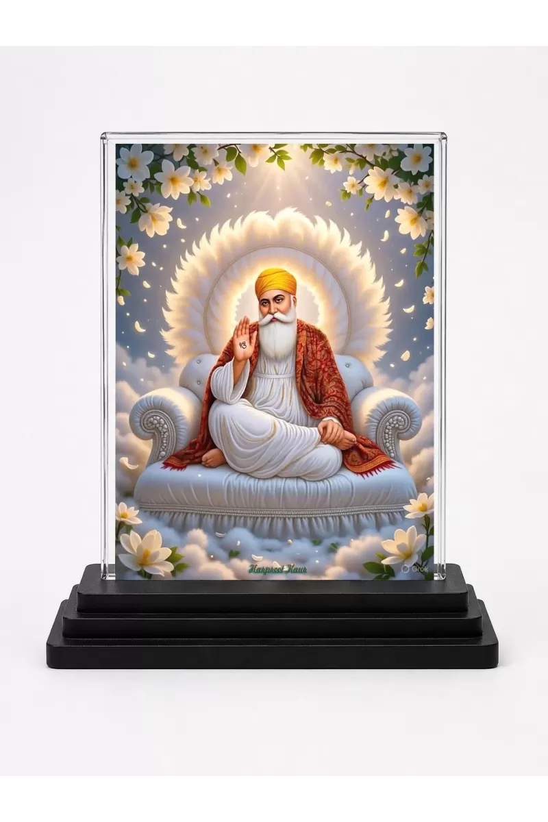 Guru Nanak Dev Ji Acrylic Car Dashboard Showpiece | Double-Sided Guru Nanak Dev Ji Photo Stand | 3 X 4 Inch Photo | Transparent Acrylic Frame With Black Base | Car Dashboard, Office & Table Decor (F70825)