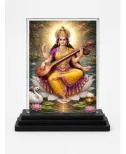 Hindu Goddess Acrylic Car Dashboard Showpiece | Double-Sided Hindu Goddess Photo Stand | 3 X 4 Inch Photo | Transparent Acrylic Frame With Black Base | Car Dashboard, Office & Table Decor (F70826)