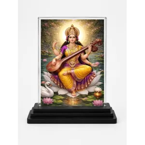 Hindu Goddess Acrylic Car Dashboard Showpiece | Double-Sided Hindu Goddess Photo Stand | 3 X 4 Inch Photo | Transparent Acrylic Frame With Black Base | Car Dashboard, Office & Table Decor (F70826)