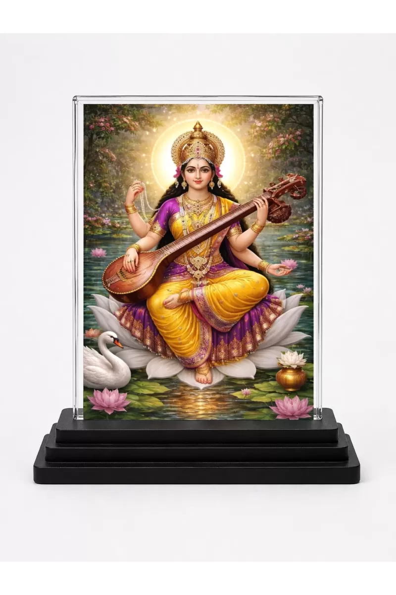 Hindu Goddess Acrylic Car Dashboard Showpiece | Double-Sided Hindu Goddess Photo Stand | 3 X 4 Inch Photo | Transparent Acrylic Frame With Black Base | Car Dashboard, Office & Table Decor (F70826)