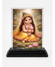 Radha Krishna Acrylic Car Dashboard Showpiece | Double-Sided Radha Krishna Photo Stand | 3 X 4 Inch Photo | Transparent Acrylic Frame With Black Base | Car Dashboard, Office & Table Decor (F70827)
