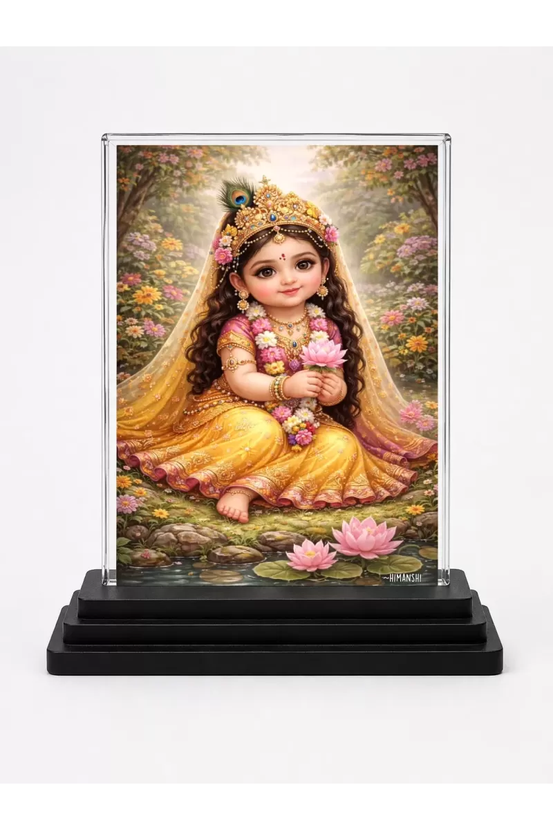 Radha Krishna Acrylic Car Dashboard Showpiece | Double-Sided Radha Krishna Photo Stand | 3 X 4 Inch Photo | Transparent Acrylic Frame With Black Base | Car Dashboard, Office & Table Decor (F70827)