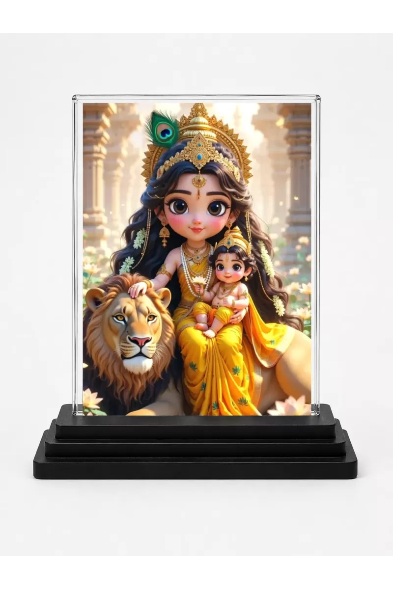 Durga Maa Acrylic Car Dashboard Showpiece | Double-Sided Durga Maa Photo Stand | 3 X 4 Inch Photo | Transparent Acrylic Frame With Black Base | Car Dashboard, Office & Table Decor (F70829)