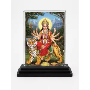 Hindu Goddess Acrylic Car Dashboard Showpiece | Double-Sided Hindu Goddess Photo Stand | 3 X 4 Inch Photo | Transparent Acrylic Frame With Black Base | Car Dashboard, Office & Table Decor (F70832)