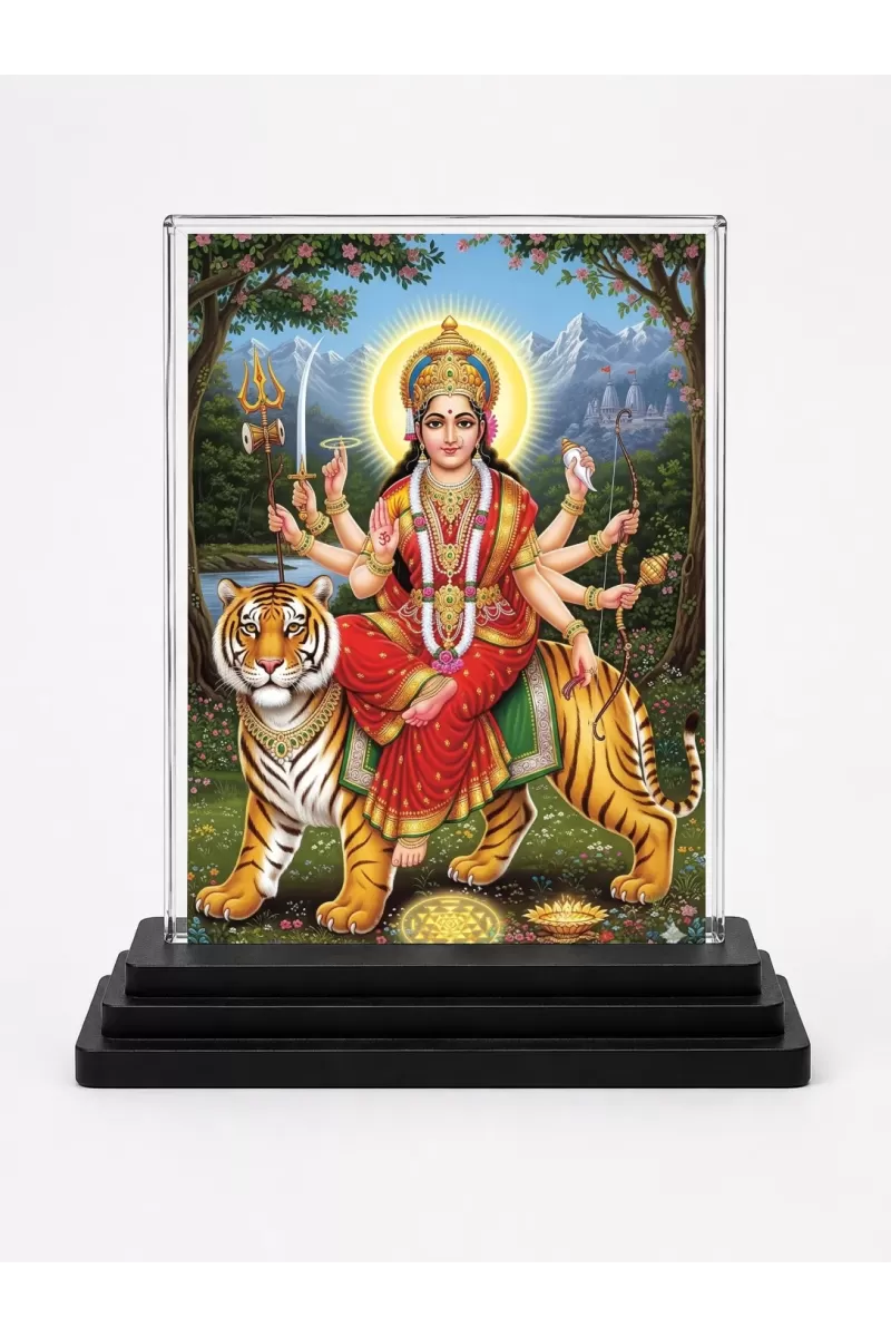 Hindu Goddess Acrylic Car Dashboard Showpiece | Double-Sided Hindu Goddess Photo Stand | 3 X 4 Inch Photo | Transparent Acrylic Frame With Black Base | Car Dashboard, Office & Table Decor (F70832)