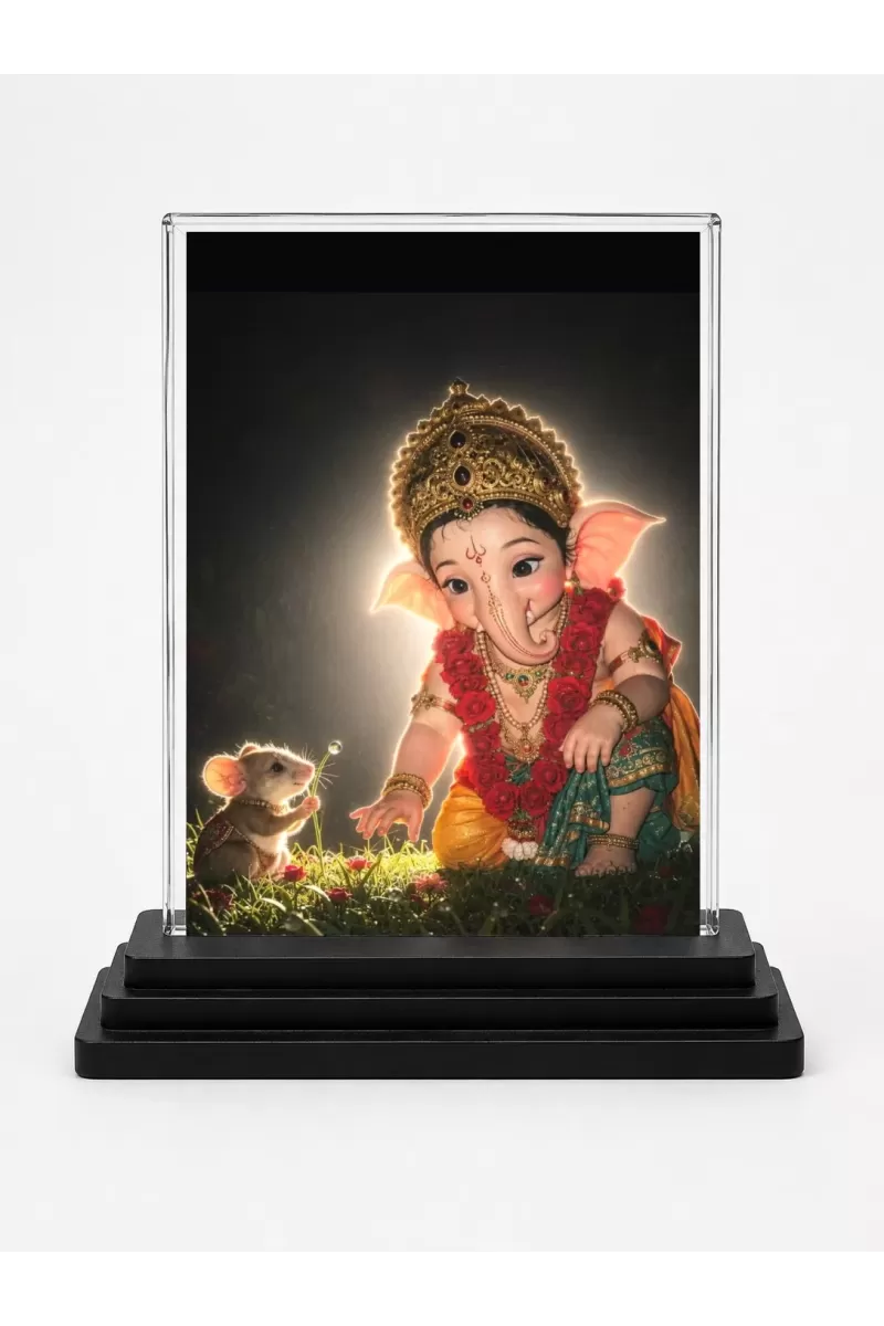 Lord Ganesha Acrylic Car Dashboard Showpiece | Double-Sided Lord Ganesha Photo Stand | 3 X 4 Inch Photo | Transparent Acrylic Frame With Black Base | Car Dashboard, Office & Table Decor (F70834)