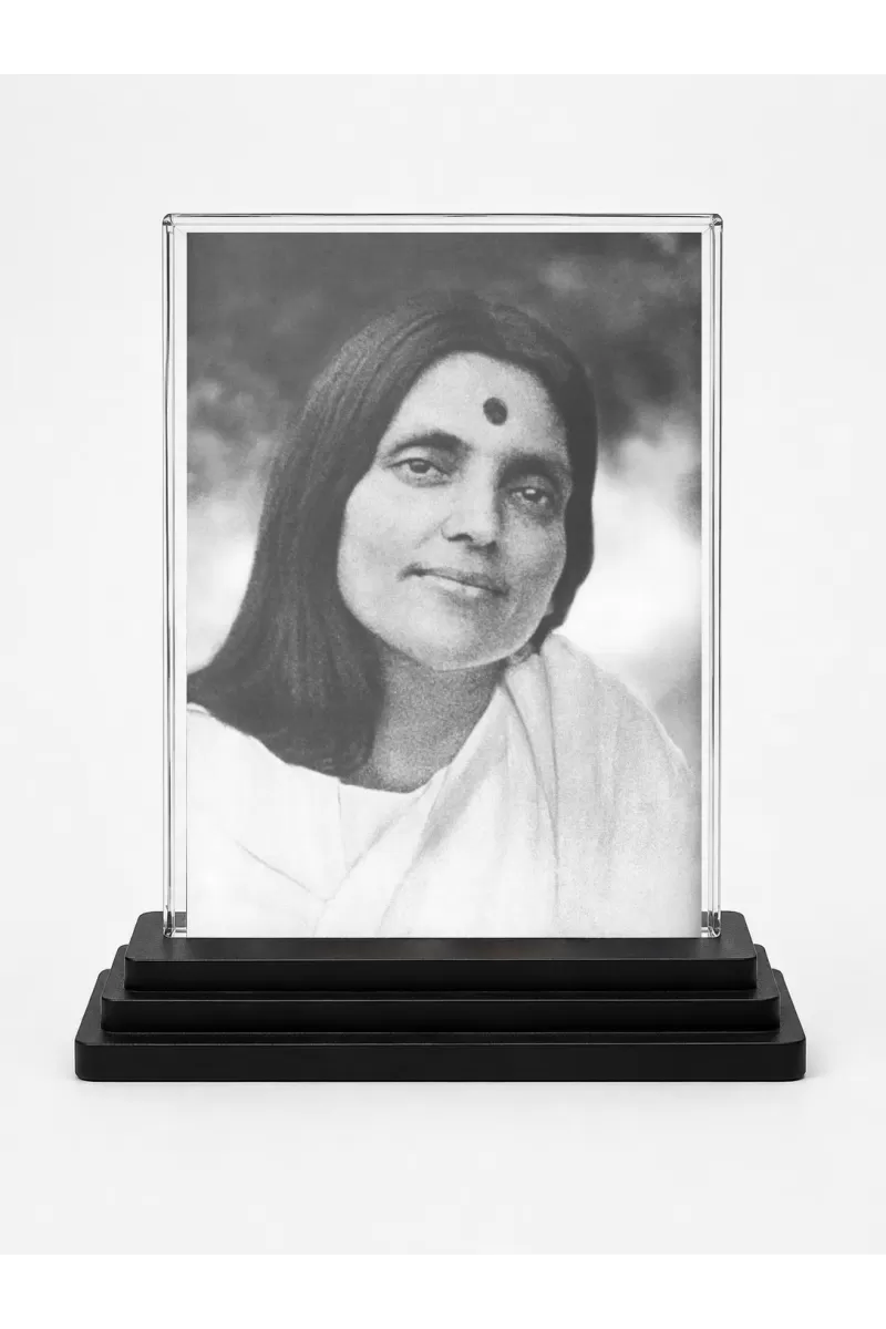 Anandamayi Ma Acrylic Car Dashboard Showpiece | Double-Sided Anandamayi Ma Photo Stand | 3 X 4 Inch Photo | Transparent Acrylic Frame With Black Base | Car Dashboard, Office & Table Decor (F70839)