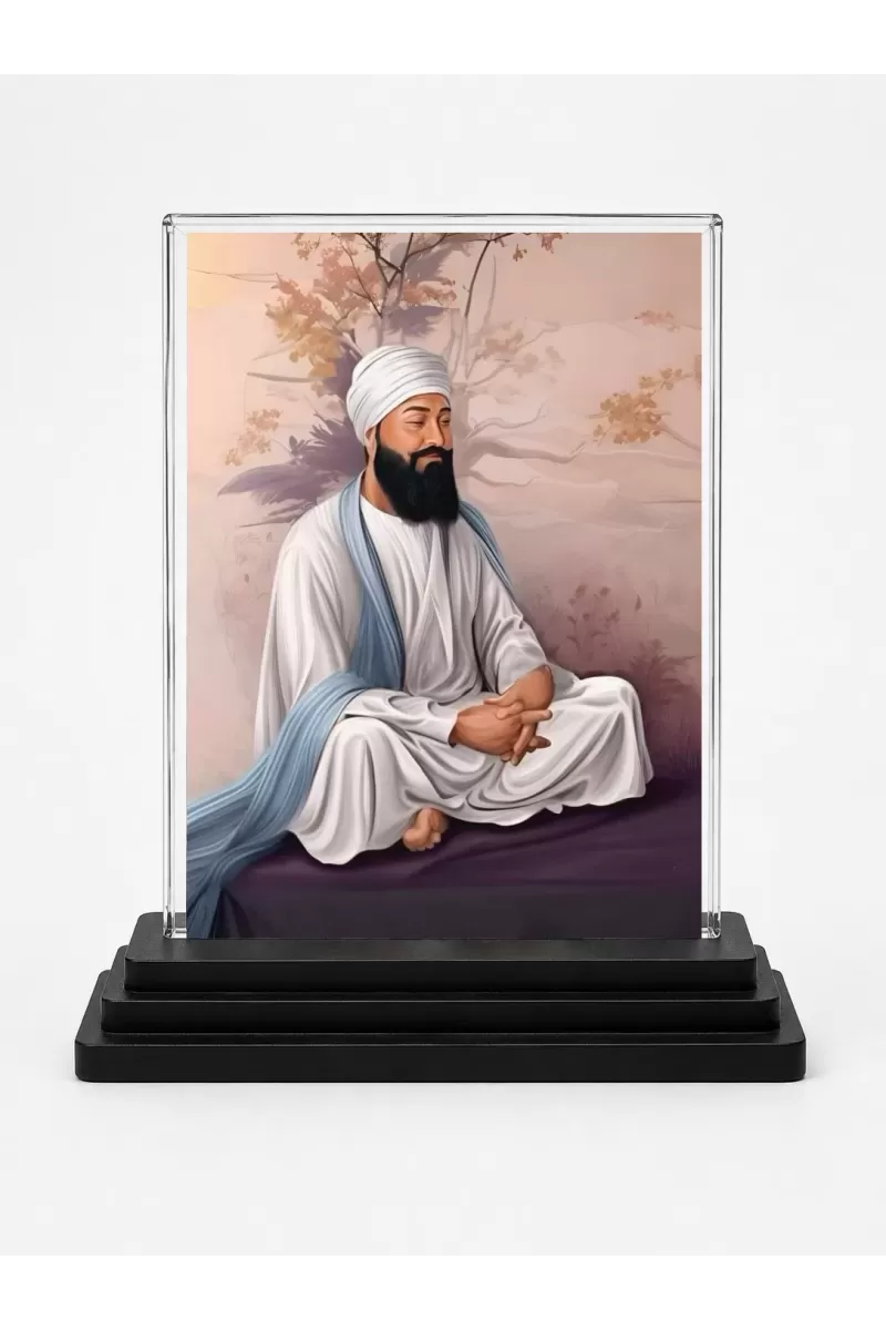 Guru Tegh Bahadur Ji Acrylic Car Dashboard Showpiece | Double-Sided Guru Tegh Bahadur Ji Photo Stand | 3 X 4 Inch Photo | Transparent Acrylic Frame With Black Base | Car Dashboard, Office & Table Decor (F70840)