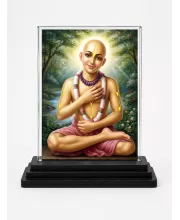 Chaitanya Mahaprabhu Acrylic Car Dashboard Showpiece | Double-Sided Chaitanya Mahaprabhu Photo Stand | 3 X 4 Inch Photo | Transparent Acrylic Frame With Black Base | Car Dashboard, Office & Table Decor (F70842)