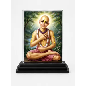 Chaitanya Mahaprabhu Acrylic Car Dashboard Showpiece | Double-Sided Chaitanya Mahaprabhu Photo Stand | 3 X 4 Inch Photo | Transparent Acrylic Frame With Black Base | Car Dashboard, Office & Table Decor (F70842)