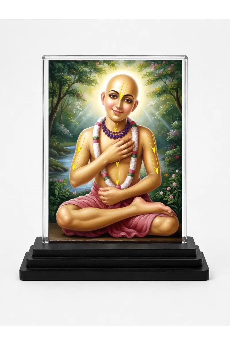 Chaitanya Mahaprabhu Acrylic Car Dashboard Showpiece | Double-Sided Chaitanya Mahaprabhu Photo Stand | 3 X 4 Inch Photo | Transparent Acrylic Frame With Black Base | Car Dashboard, Office & Table Decor (F70842)