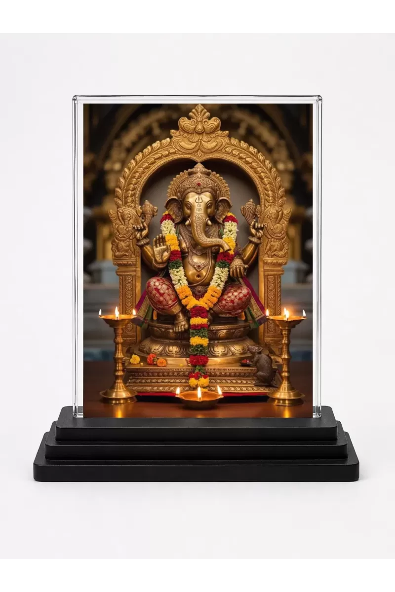 Hindu Deity Acrylic Car Dashboard Showpiece | Double-Sided Hindu Deity Photo Stand | 3 X 4 Inch Photo | Transparent Acrylic Frame With Black Base | Car Dashboard, Office & Table Decor (F70851)