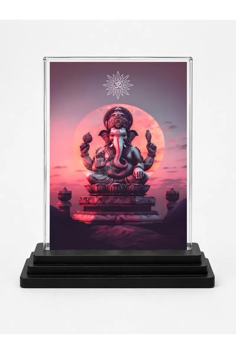 Lord Ganesha Acrylic Car Dashboard Showpiece | Double-Sided Lord Ganesha Photo Stand | 3 X 4 Inch Photo | Transparent Acrylic Frame With Black Base | Car Dashboard, Office & Table Decor (F70852)