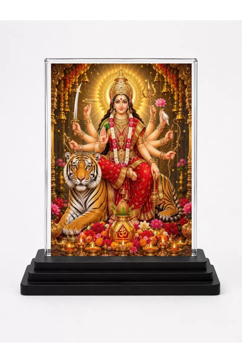 Durga Maa Acrylic Car Dashboard Showpiece | Double-Sided Durga Maa Photo Stand | 3 X 4 Inch Photo | Transparent Acrylic Frame With Black Base | Car Dashboard, Office & Table Decor (F70853)