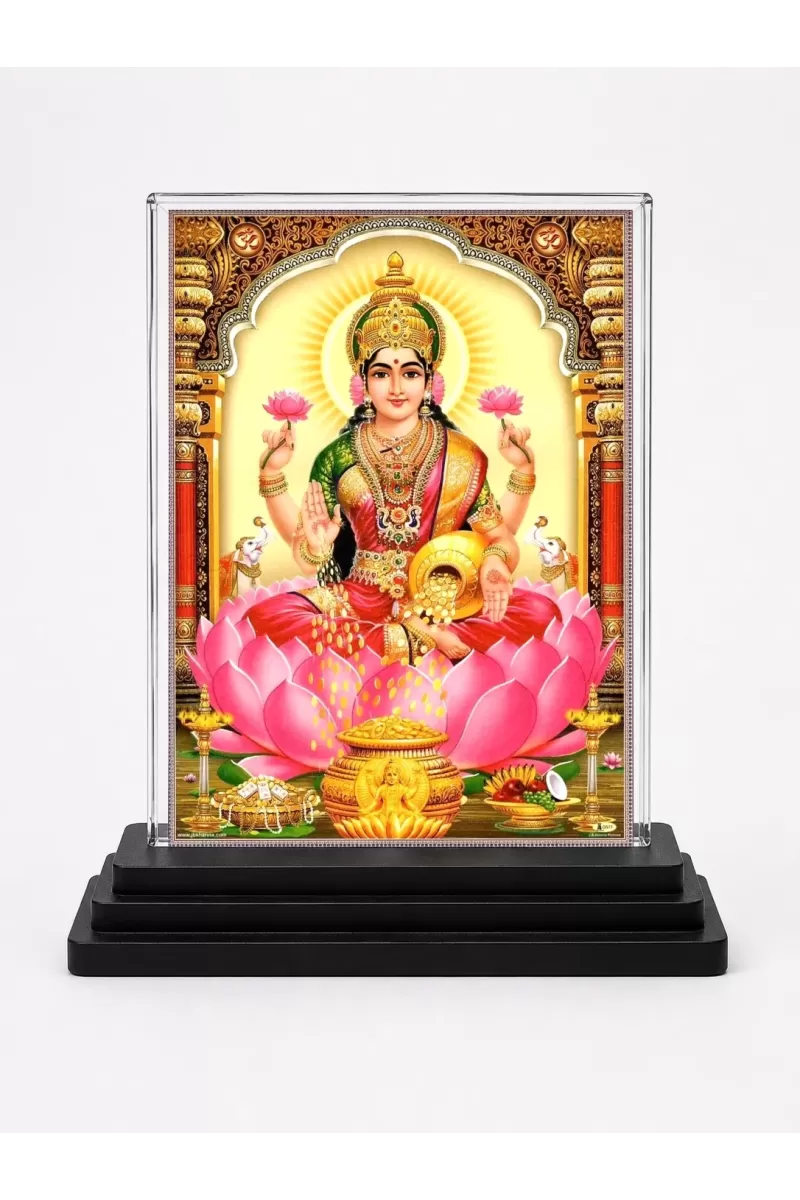 Lakshmi Acrylic Car Dashboard Showpiece | Double-Sided Lakshmi Photo Stand | 3 X 4 Inch Photo | Transparent Acrylic Frame With Black Base | Car Dashboard, Office & Table Decor (F70856)