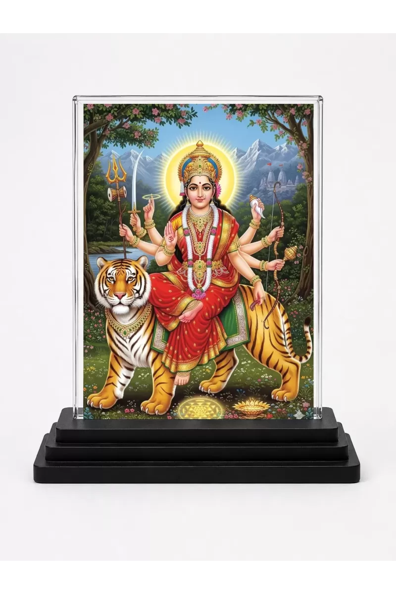 Hindu Goddess Acrylic Car Dashboard Showpiece | Double-Sided Hindu Goddess Photo Stand | 3 X 4 Inch Photo | Transparent Acrylic Frame With Black Base | Car Dashboard, Office & Table Decor (F70858)