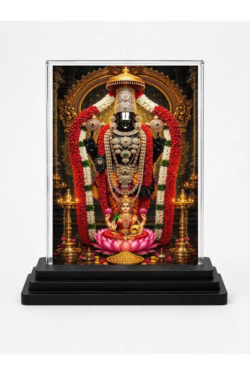 Tirupati Balaji Acrylic Car Dashboard Showpiece | Double-Sided Tirupati Balaji Photo Stand | 3 X 4 Inch Photo | Transparent Acrylic Frame With Black Base | Car Dashboard, Office & Table Decor (F70859)