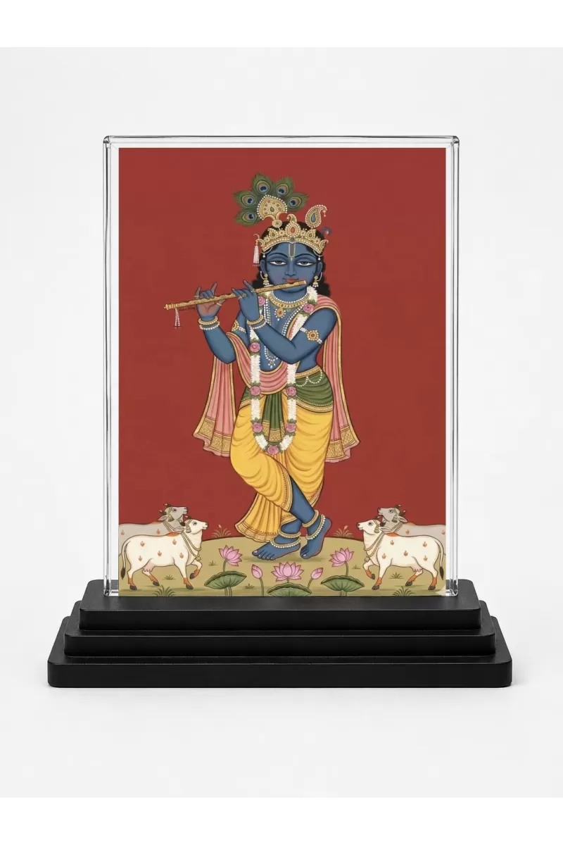 Krishna Acrylic Car Dashboard Showpiece | Double-Sided Krishna Photo Stand | 3 X 4 Inch Photo | Transparent Acrylic Frame With Black Base | Car Dashboard, Office & Table Decor (F70862)
