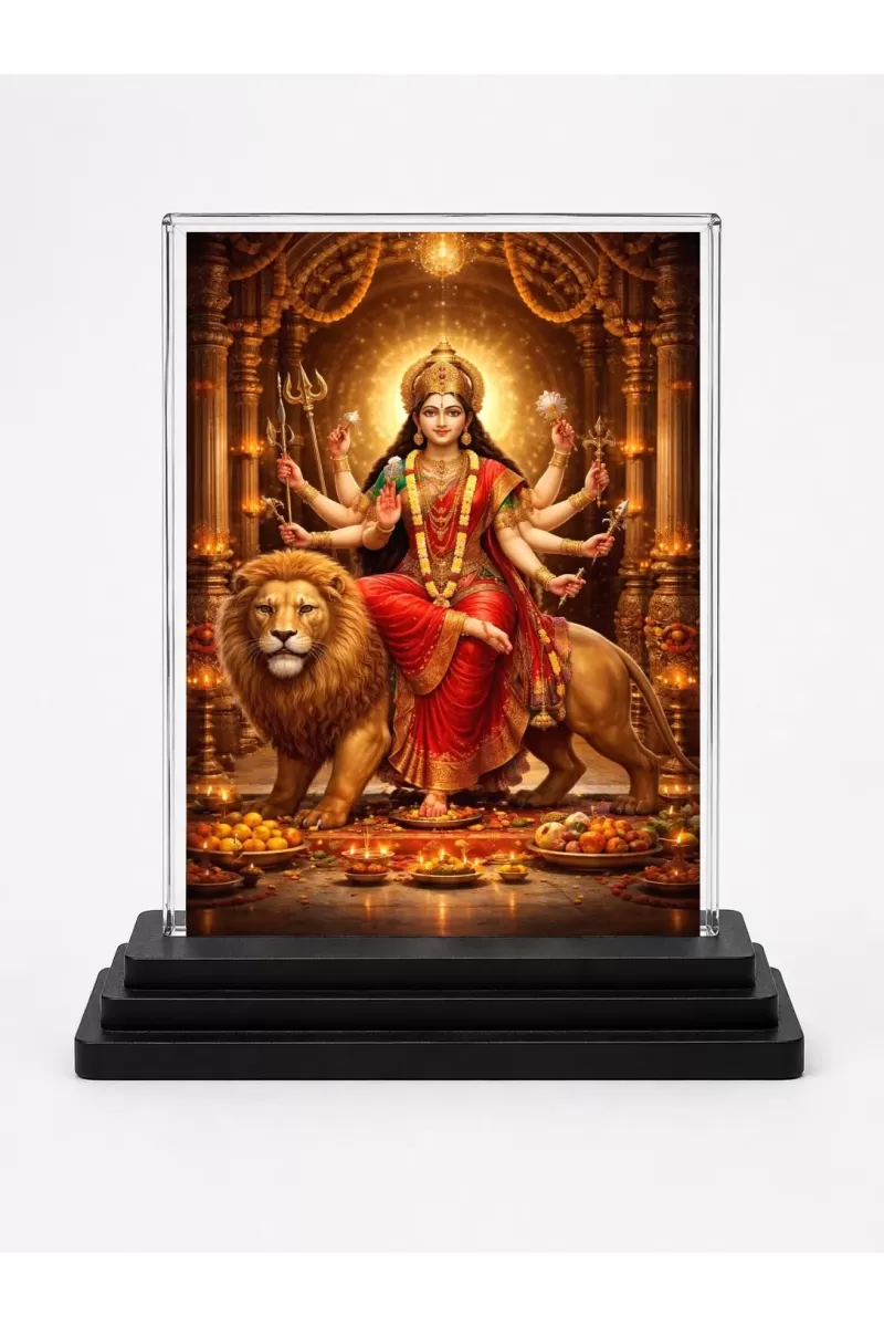 Hindu Goddess Acrylic Car Dashboard Showpiece | Double-Sided Hindu Goddess Photo Stand | 3 X 4 Inch Photo | Transparent Acrylic Frame With Black Base | Car Dashboard, Office & Table Decor (F70863)