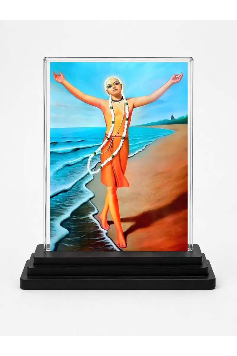 Chaitanya Mahaprabhu Acrylic Car Dashboard Showpiece | Double-Sided Chaitanya Mahaprabhu Photo Stand | 3 X 4 Inch Photo | Transparent Acrylic Frame With Black Base | Car Dashboard, Office & Table Decor (F70865)