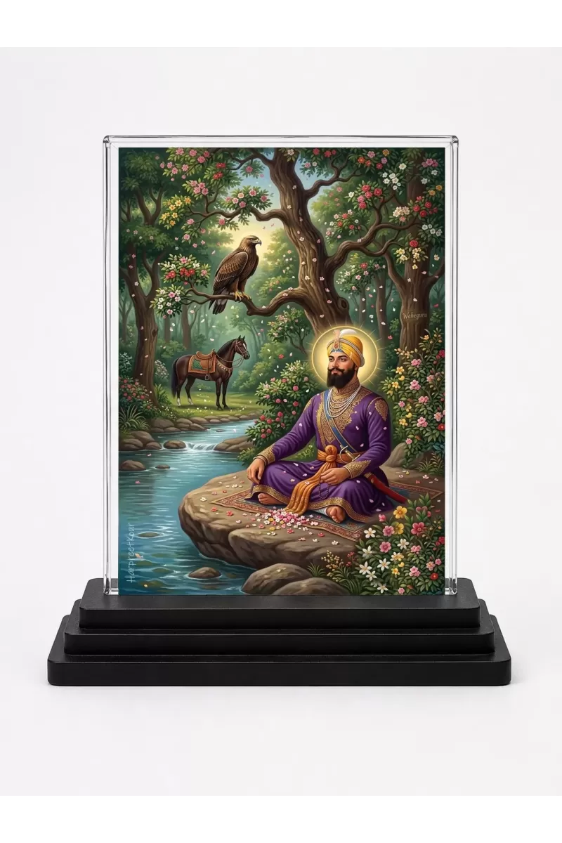 Guru Gobind Singh Ji Acrylic Car Dashboard Showpiece | Double-Sided Guru Gobind Singh Ji Photo Stand | 3 X 4 Inch Photo | Transparent Acrylic Frame With Black Base | Car Dashboard, Office & Table Decor (F70866)