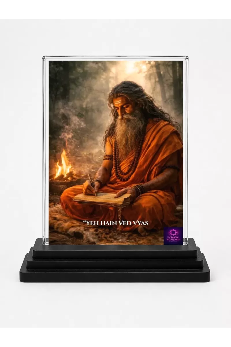 Maharishi Veda Vyasa Acrylic Car Dashboard Showpiece | Double-Sided Maharishi Veda Vyasa Photo Stand | 3 X 4 Inch Photo | Transparent Acrylic Frame With Black Base | Car Dashboard, Office & Table Decor (F70867)