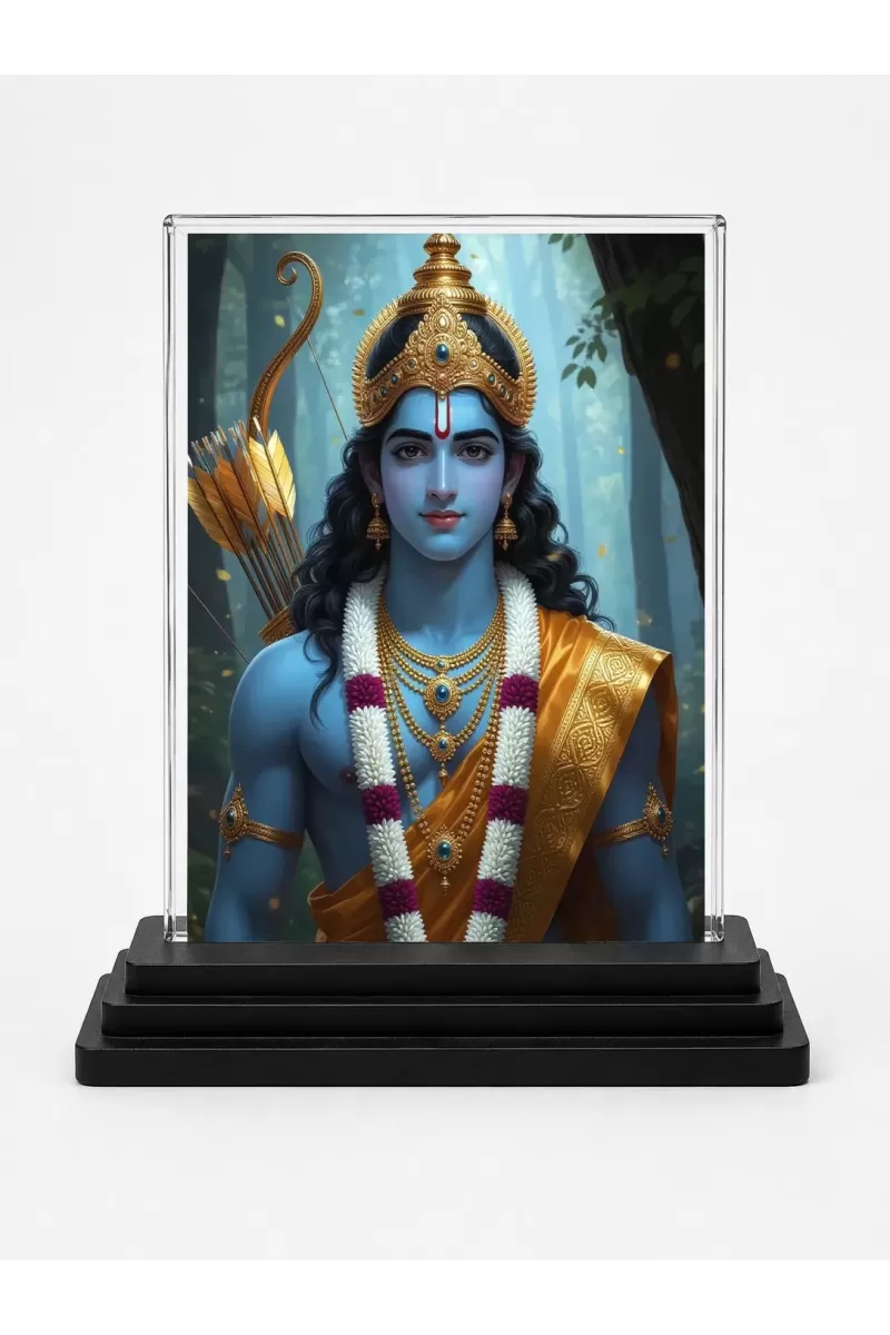 Lord Rama Acrylic Car Dashboard Showpiece | Double-Sided Lord Rama Photo Stand | 3 X 4 Inch Photo | Transparent Acrylic Frame With Black Base | Car Dashboard, Office & Table Decor (F70868)