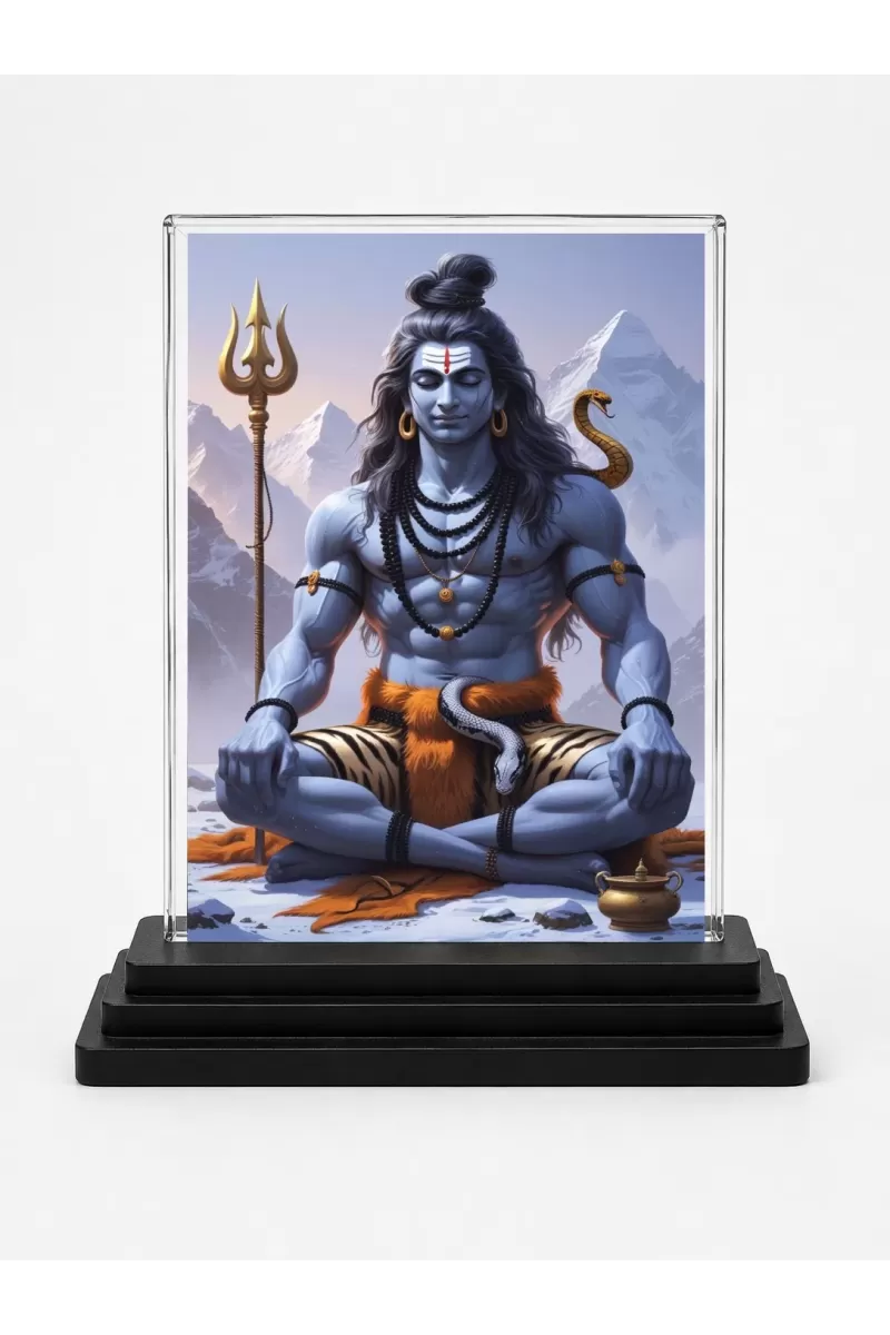 Lord Shiva Acrylic Car Dashboard Showpiece | Double-Sided Lord Shiva Photo Stand | 3 X 4 Inch Photo | Transparent Acrylic Frame With Black Base | Car Dashboard, Office & Table Decor (F70871)