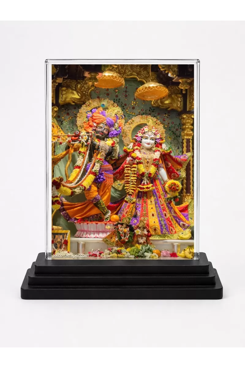 ISKCON Temple Acrylic Car Dashboard Showpiece | Double-Sided ISKCON Temple Photo Stand | 3 X 4 Inch Photo | Transparent Acrylic Frame With Black Base | Car Dashboard, Office & Table Decor (F70872)